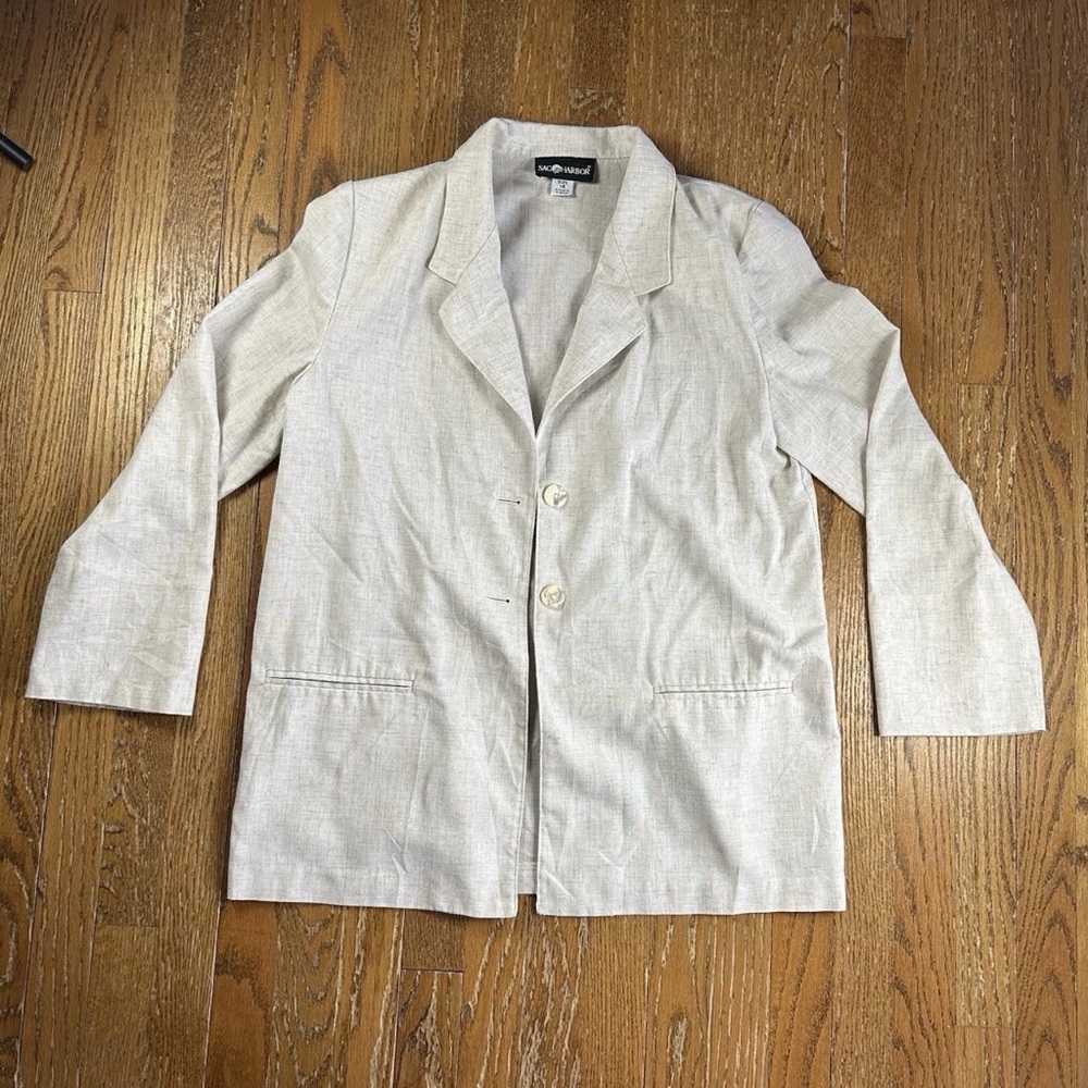 Vintage Sag Harbor Linen Blazer 14 Womens Natural Tan Beige Lightweight Jacket